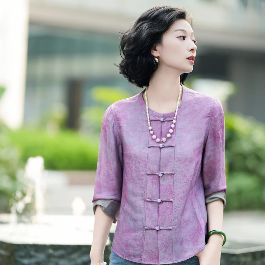 西子/【茉山主韵】19姆米交织提花罗衫长袖双面穿紫色外套/WTBH1974