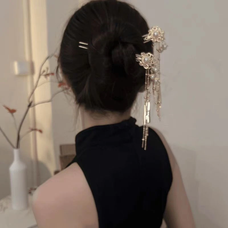 新中式珍珠金色流苏步摇簪子女国风气质U型发簪后脑勺盘发头饰
