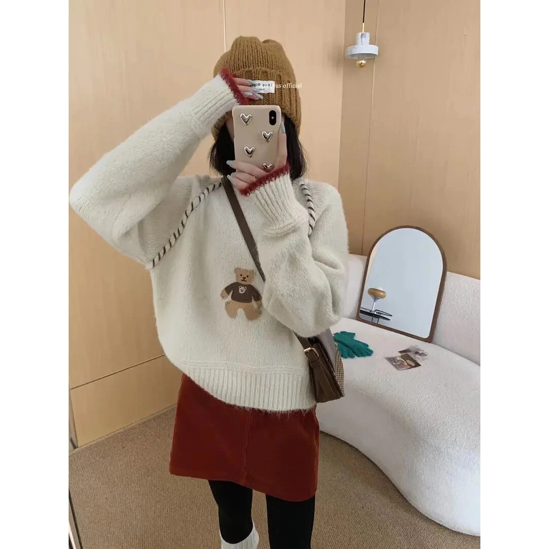 小熊肩部手工刺绣套头长袖毛针织衫ins春游上衣毛衣韩系宽松撞色