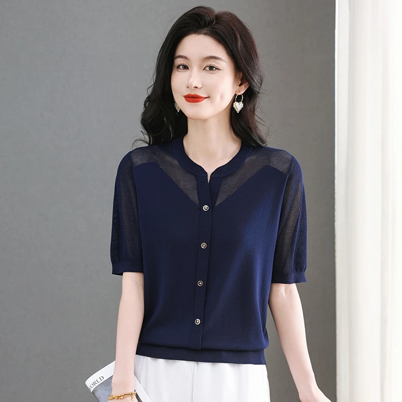 冰丝短袖t恤女夏季新款时尚洋气纯色镂空百搭气质妈妈针织衫上衣