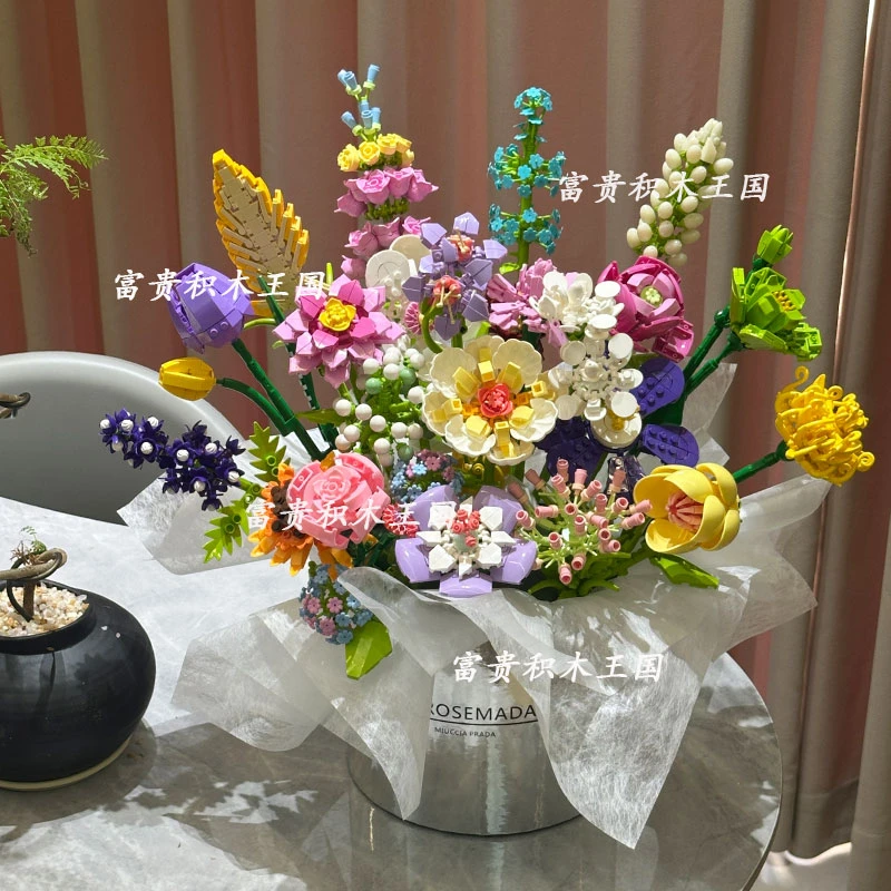 积木花抱抱桶小颗粒拼插积木花玫瑰茉莉花女生友闺蜜情人生日礼物