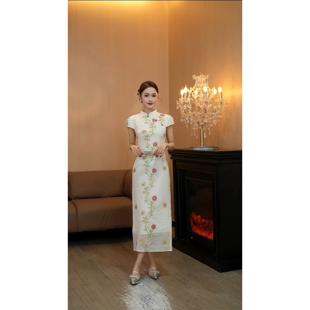 3491新中式国风改良旗袍连衣裙女刺绣复古高端御姐风礼服裙子