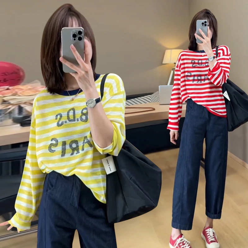 爆款设计感薄款条纹圆领T恤打底衫女2025夏季新款时尚洋气防晒衣