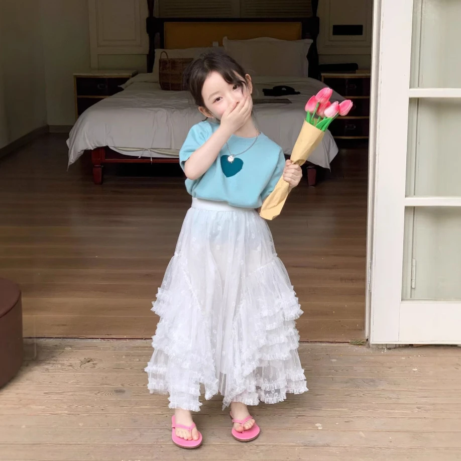 空空子.Studio【蓝了初夏】女童针织T恤2025夏季新款短袖蛋糕裙套装