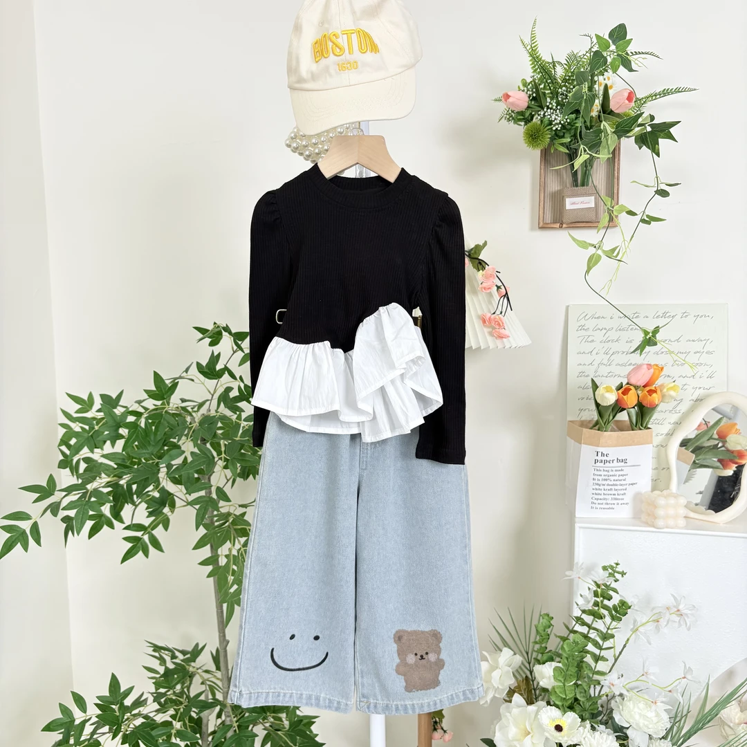 女童韩系童装套装女中小童荷叶边洋气上衣针织T恤小熊浅色牛仔裤