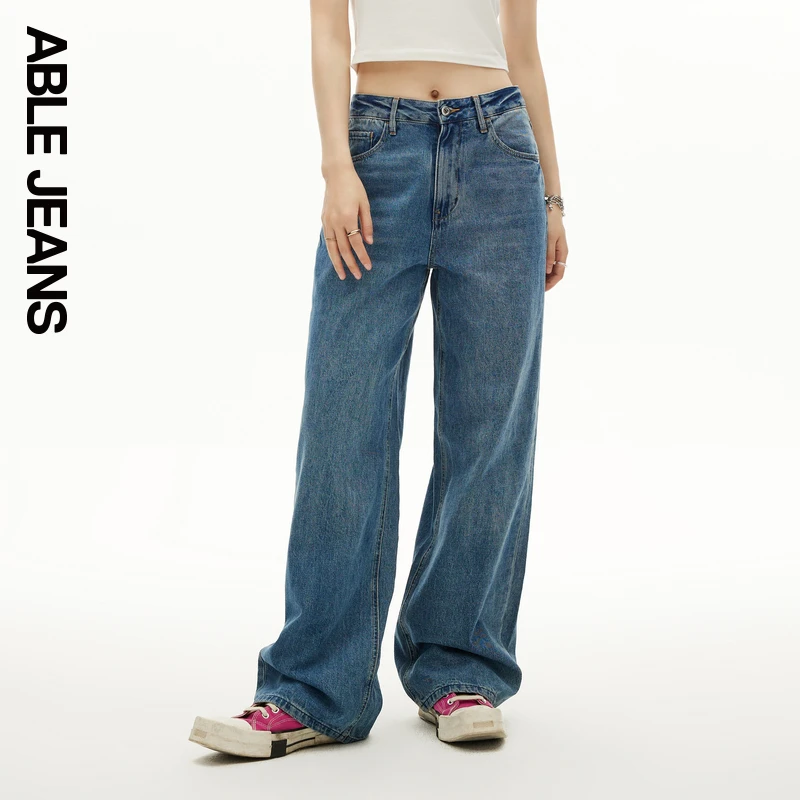 ABLEJEANS早秋阔腿显瘦水洗直筒高个子女士牛仔裤深色时尚宽松蓝