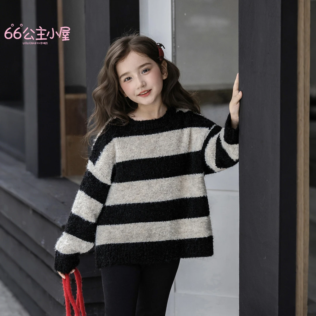 66公主女童圆领毛衣儿童新款黑白条纹上衣 25S311