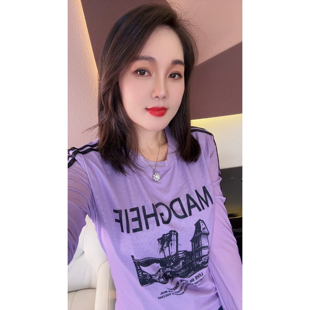 新款双面印花圆领时尚通勤显瘦T恤上衣5946