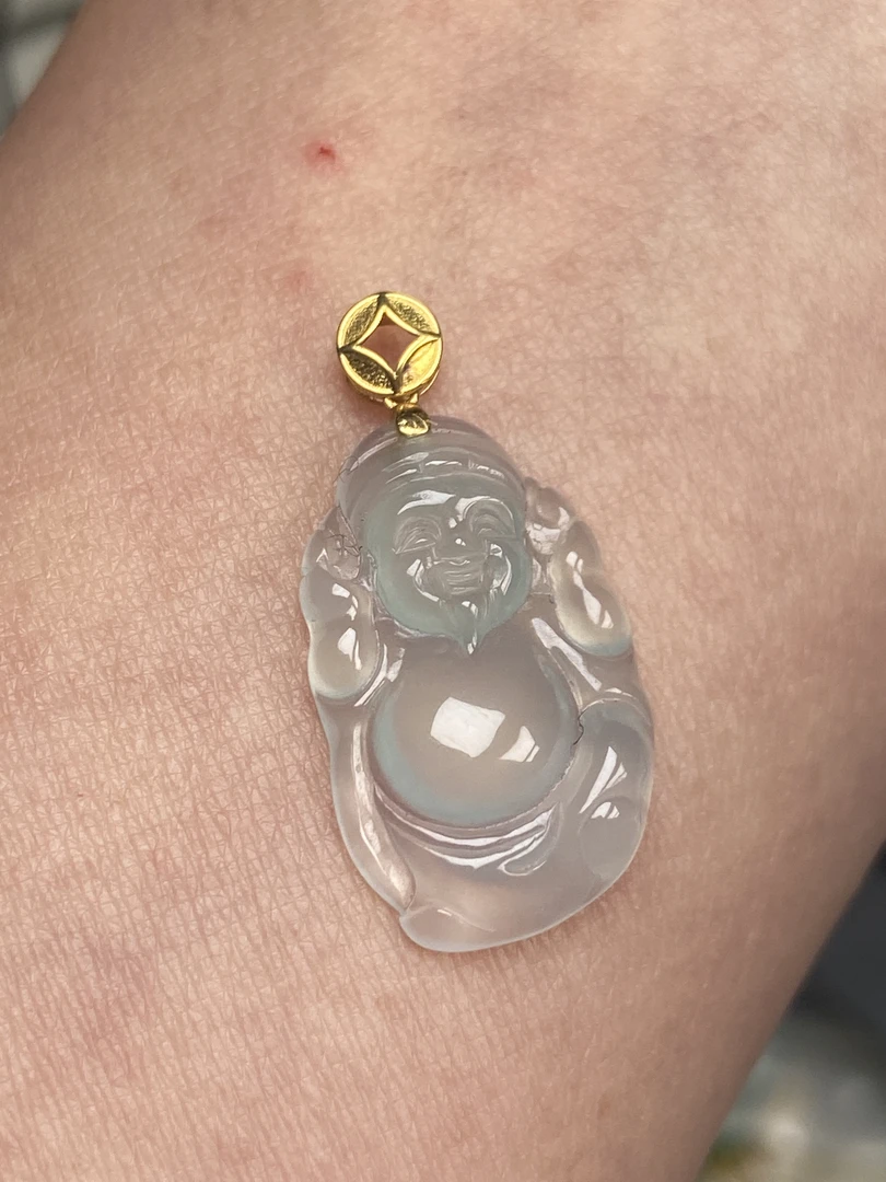 天然缅甸翡翠A货，18k金镶嵌高冰晴财神挂件