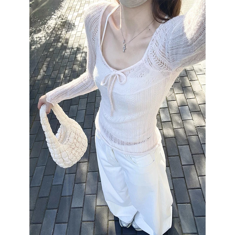 【上衣现货秒发】春秋镂空长袖针织衫内搭吊带背心女白色阔腿休闲裤