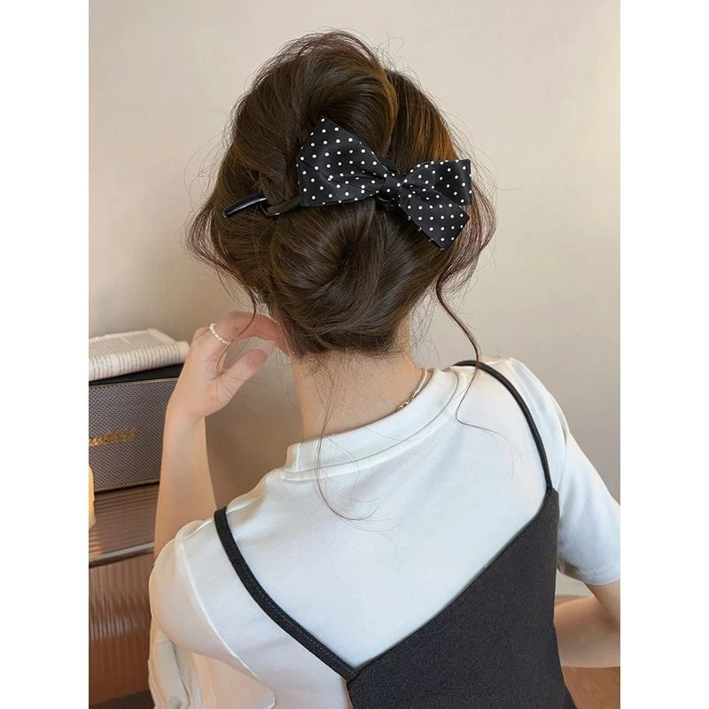 韩系波点蝴蝶结扭扭夹2025新款盘发一字夹高级感后脑勺发夹子头饰