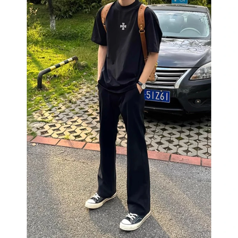 黑色休闲西裤男款春秋季修身提裆cleanfit裤子美式高街微喇直筒裤