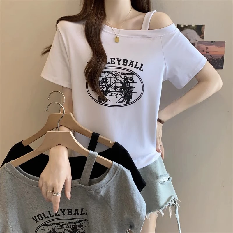 【运补6-8】韩系别致漏肩新款短袖时尚字母印花百搭T恤+白色圆领