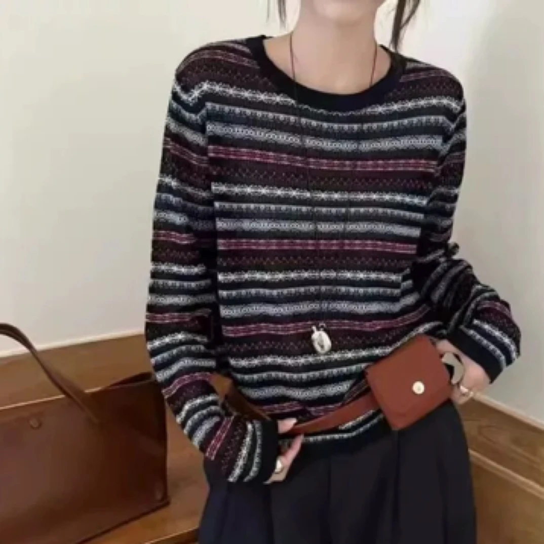 欧货圆领撞色条纹提花长袖针织衫女25早秋设计感宽松时尚百搭上衣