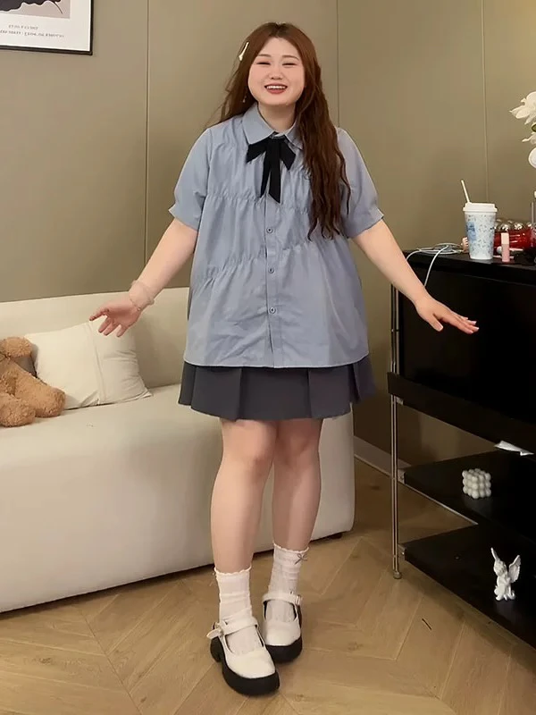 大码女装学院风娃娃领短袖衬衫半身裙两件套夏季胖mm显瘦减龄套装