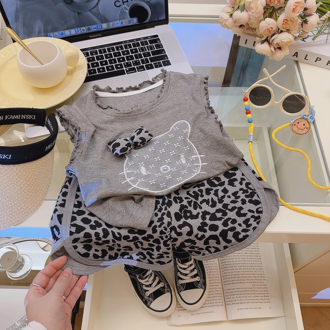 女童木耳边莫代尔飞袖印花背心豹纹短裤套装2025夏季HXT新款TZ16