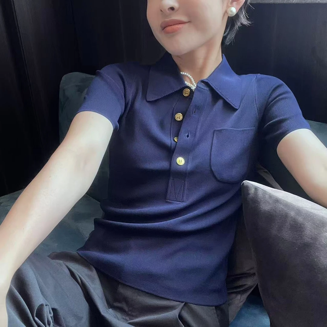 【雅致暗纹】显瘦百搭翻领四粒扣针织短袖MG22093