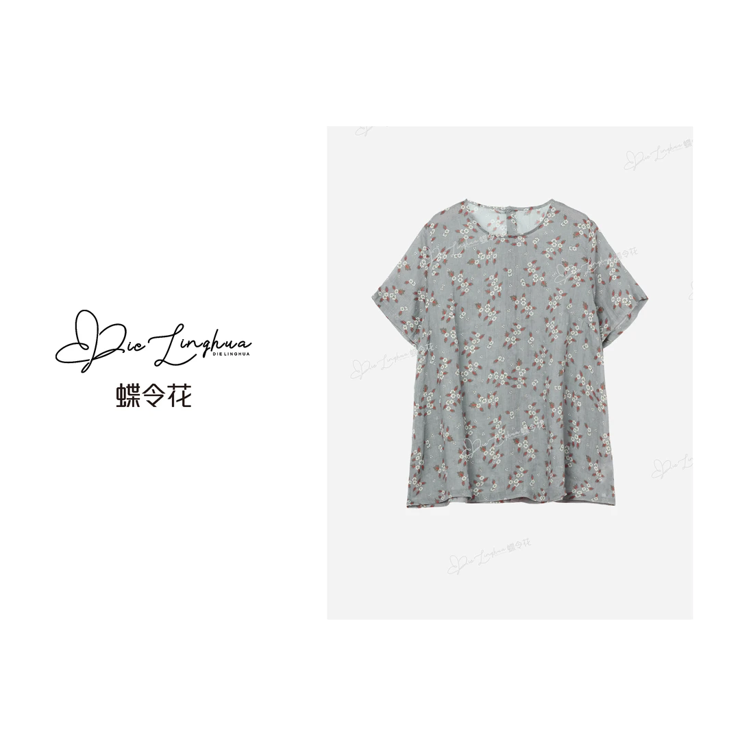 蝶令花夏季薄款碎花清新闲适素雅文艺简约宽松圆领短袖T恤252302