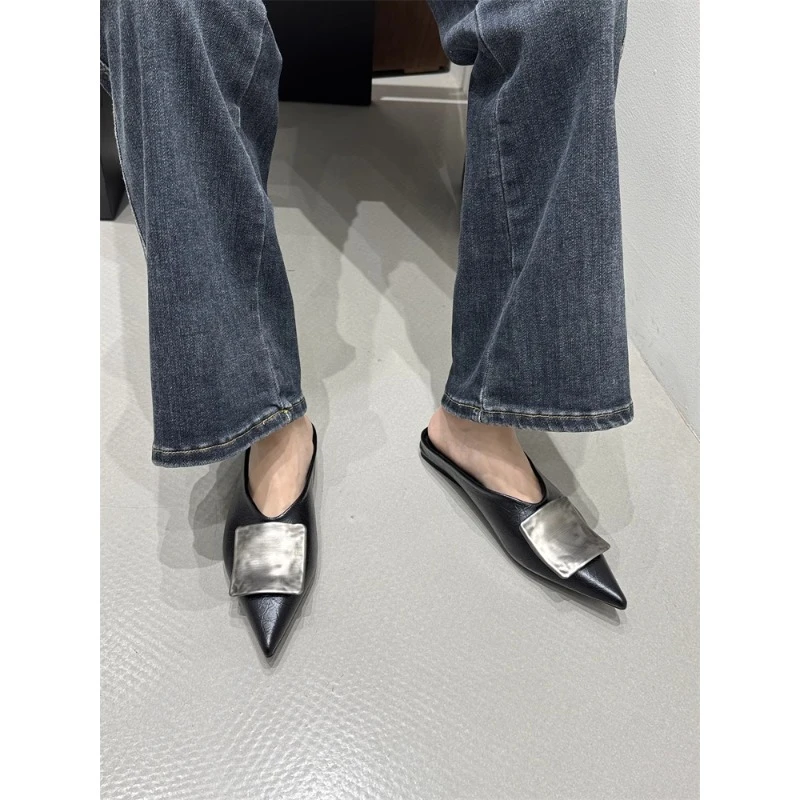 法式金属方扣包头半拖鞋女外穿2025新款夏季内增高凉拖平底穆勒鞋