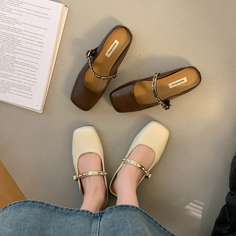 韩版链条一字带半拖鞋女小众包头女鞋外穿2025年新款春季舒适软底