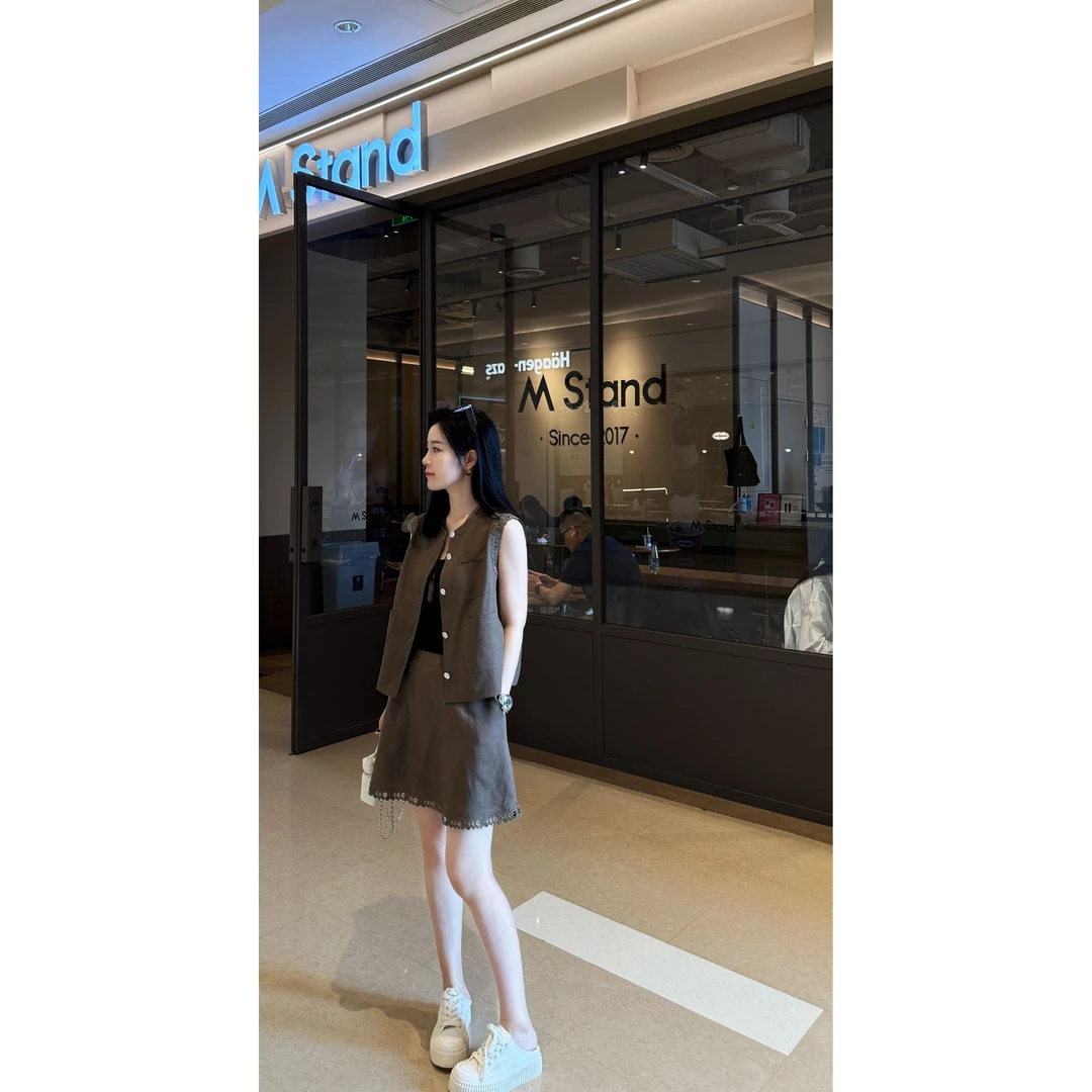 【MEEUMI】夏季女装莱赛尔亚麻套装无袖短裙裤咖色套装AF2323Hz