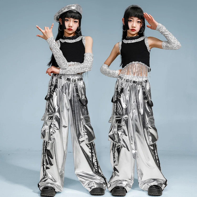 街舞儿童潮服银色嘻哈演出服男童套装hiphop女童酷帅元旦表演服秋