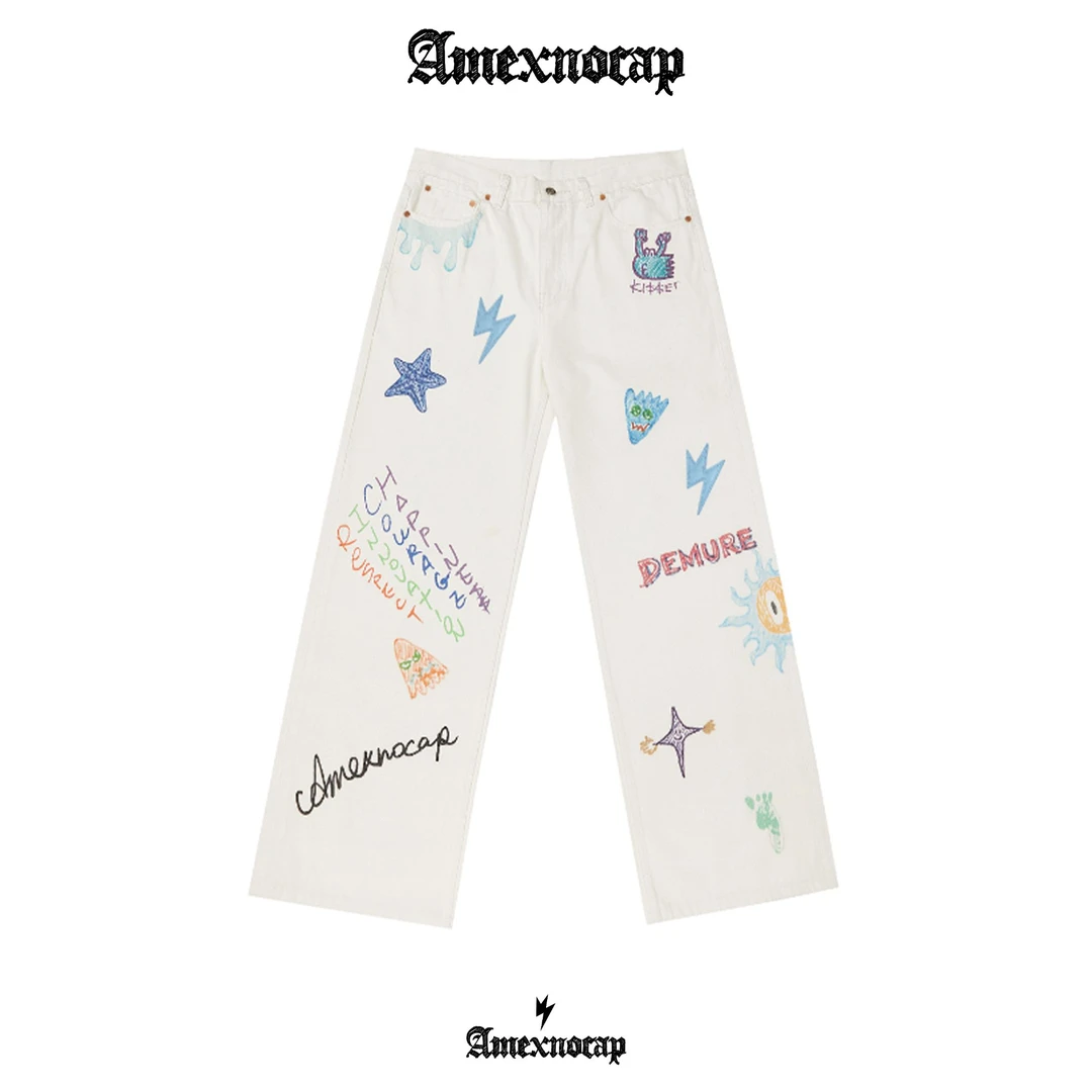 【涂鸦】Amexnocap涂鸦阔腿夏季印花闪电牛仔裤直筒百搭经典潮流