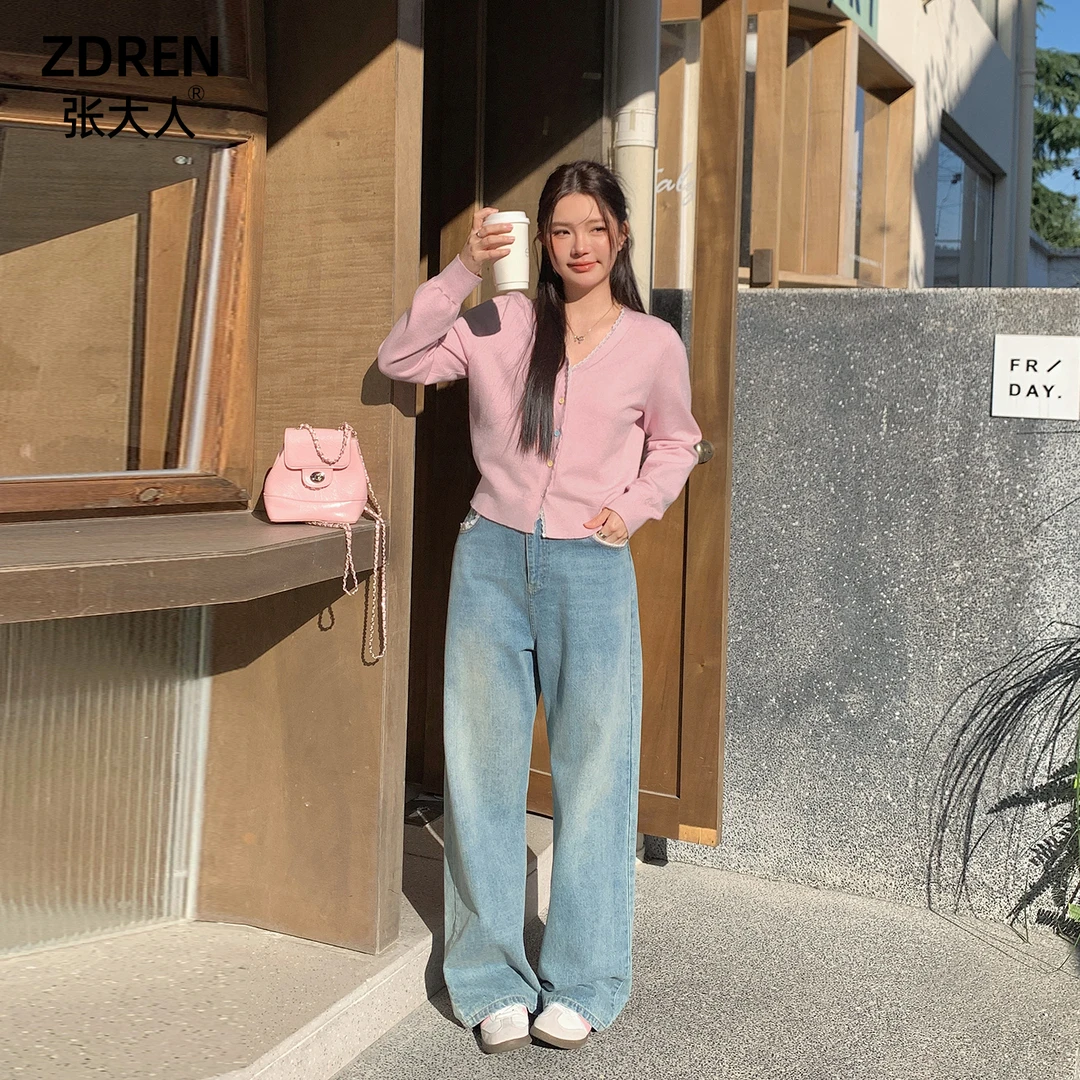 张大人【美院新生】大码女装微胖妹妹开秋韩系粉色针织牛仔裤套装