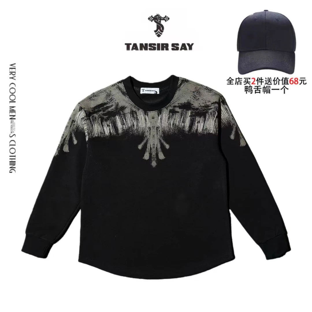 小众设计师秋冬男装印花卫衣长袖轻奢男士圆领休闲黑色