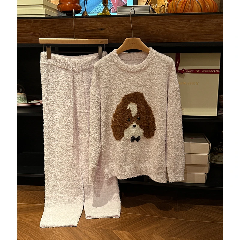 米诗缇【S5723泰迪狗紫色】小众潮牌时尚设计可外穿长袖长裤家居服