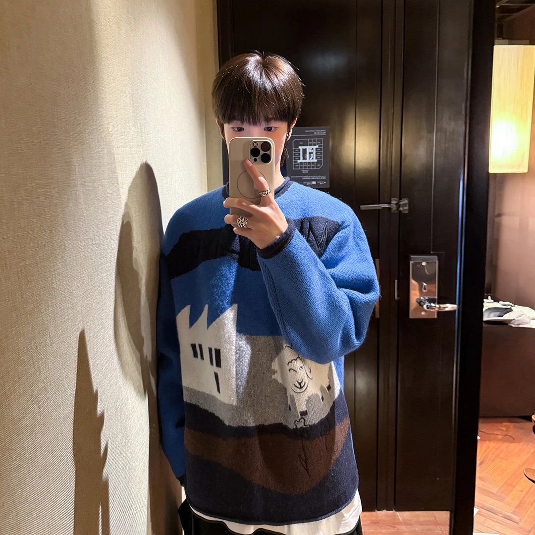 高林凡 设计感小羊绣花针织衫男女同款休闲加厚保暖羊毛毛衣