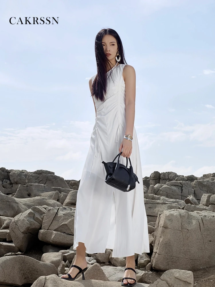 CAKRSSN卡尚2025新款无袖连衣裙女收腰不规则气质长裙223C526713