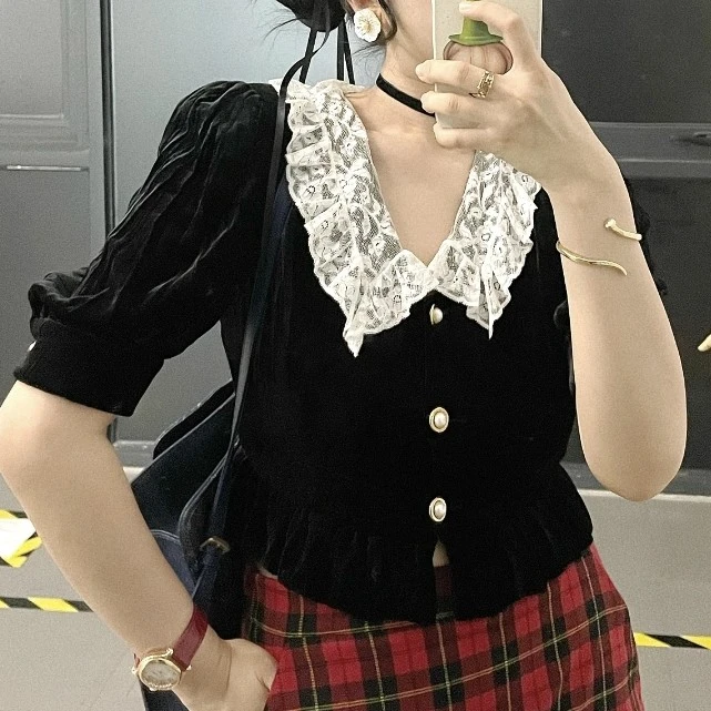 99新 MIU MIU/缪缪 黑色丝绒娃娃衫 38码 GM001904