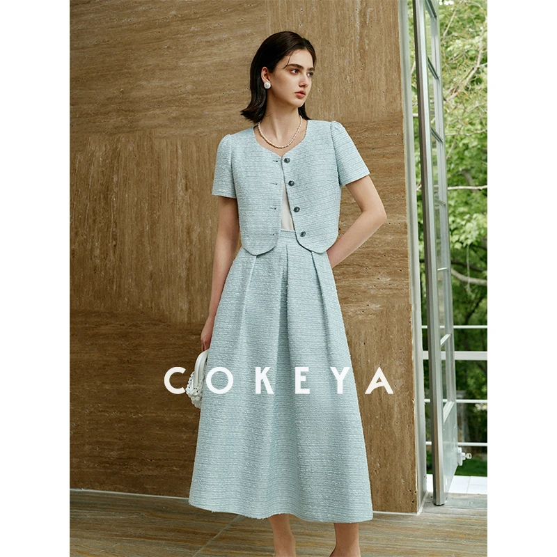 COKEYA/千金“小香套”~夏日粗花呢蝴蝶纱立裁泡泡袖衬衫伞裙套装