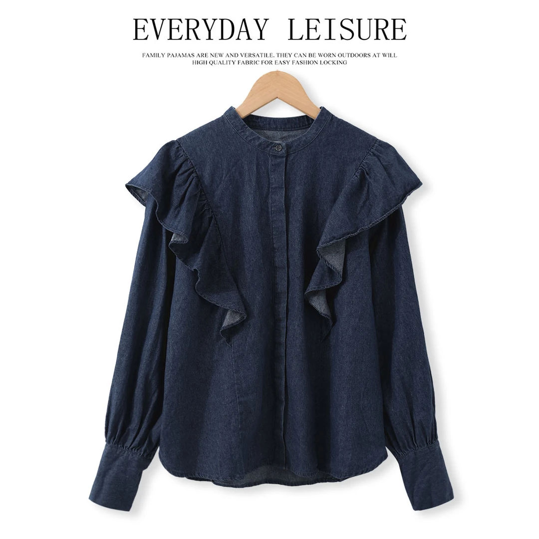 春夏款女士衬衫圆领荷叶边潮流上衣简约百搭01806舒适透气