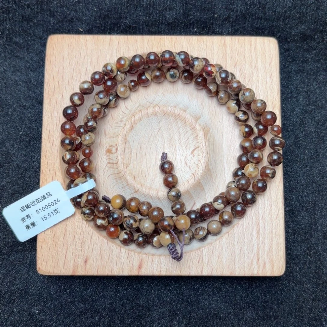 琥珀未镶嵌珠宝奇石6mm红蜜底白花根荣108