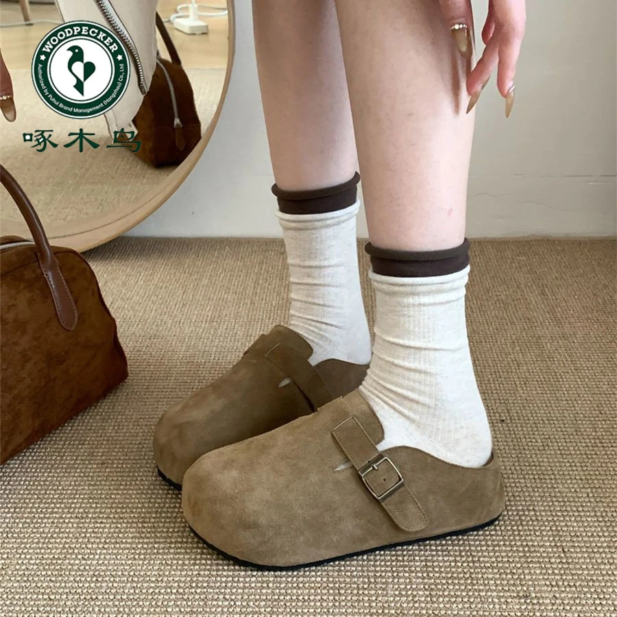 啄木鸟内增高5CM勃肯鞋女春秋复古厚底休闲一脚蹬外穿包头半拖鞋