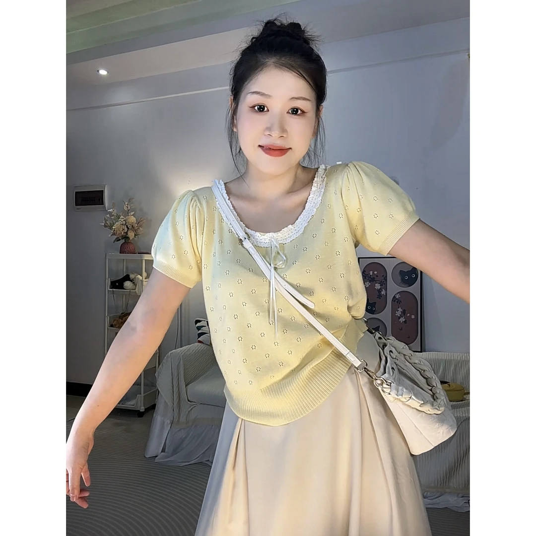 大码胖mm夏季针织蕾丝短袖镂空蝴蝶结女装甜美修身打底衫内搭