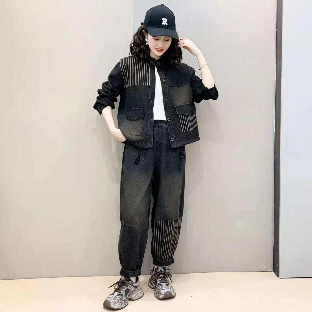 新款拼色牛仔套装宽松休闲套装B71189