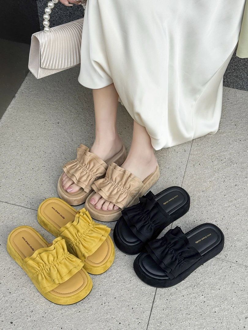 褶皱法式凉拖鞋修面皮百搭夏季防滑胶粘鞋ins沙滩鞋一字拖