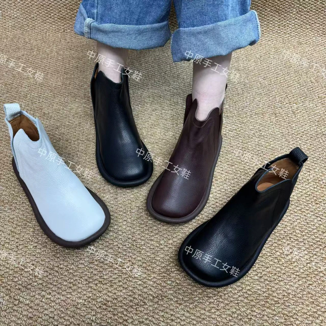 638-26圆头秋季新款低跟女平底短靴女靴日常休闲百搭皮靴