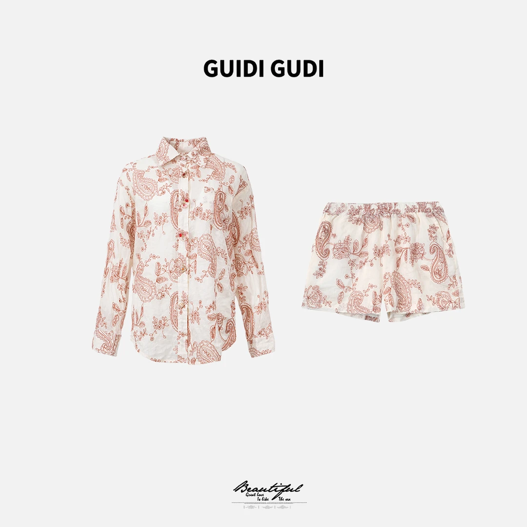 GUIDI GUDI【艾薇】水墨刺绣衬衫+短裤时尚套装 /黄加蓝 D9520420H