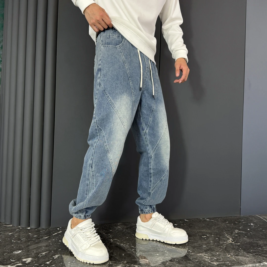 春秋季新款男士宽松复古水洗牛仔裤哈伦束脚裤潮牌拼接休闲长裤男