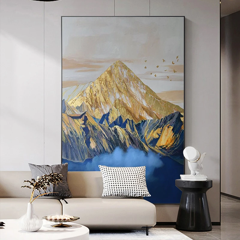 手绘油画日照金山入户玄关装饰画走廊过道挂画轻奢大气抽象金箔画