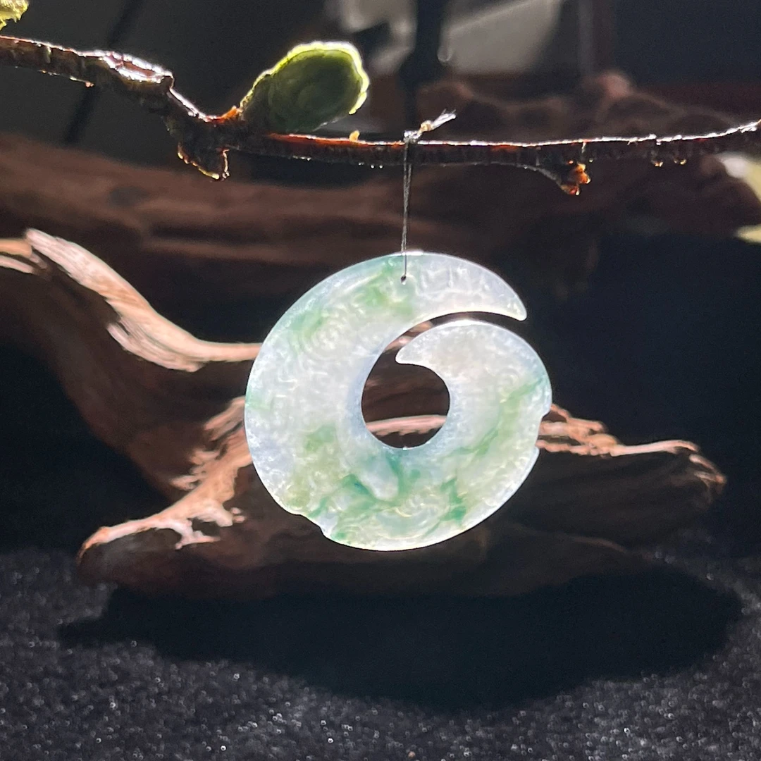 【煌润翡翠】缅甸翡翠A货2龙凤佩冰种飘绿时来运转时尚百搭冰透