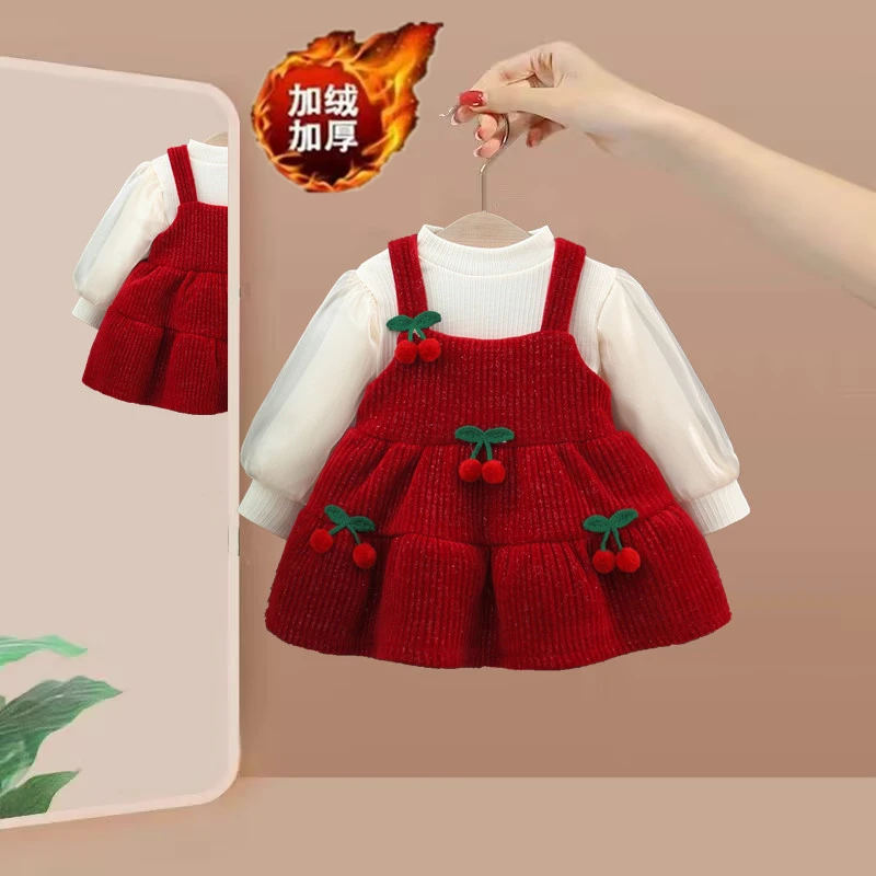 2025新款女童秋冬装连衣裙公主裙女宝宝洋气加绒过年服裙子两件套