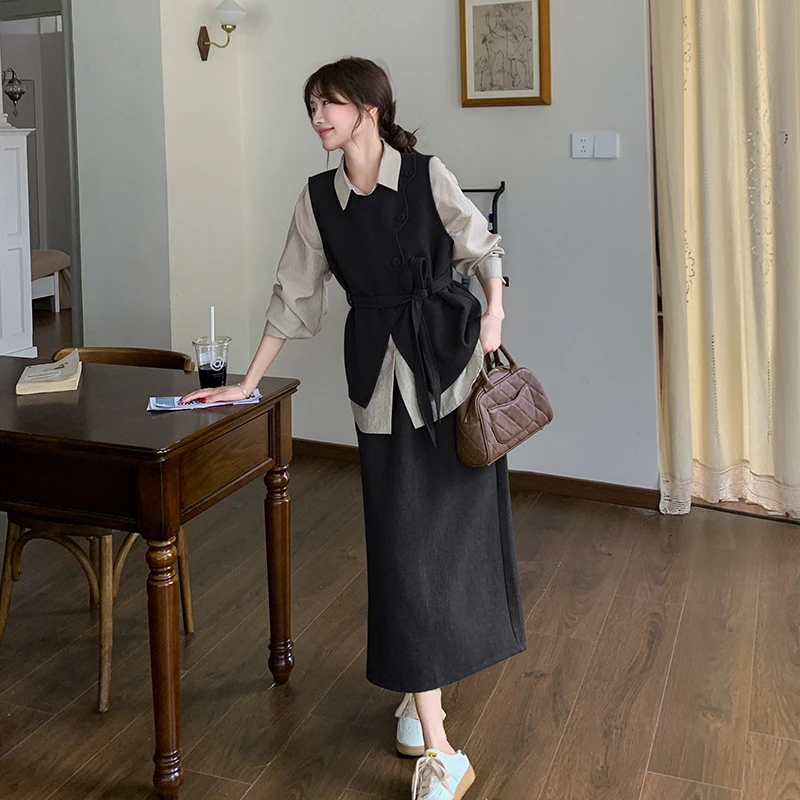 黑色韩系感马甲套装裙女春新款气质衬衫半身裙三件套裙子长袖