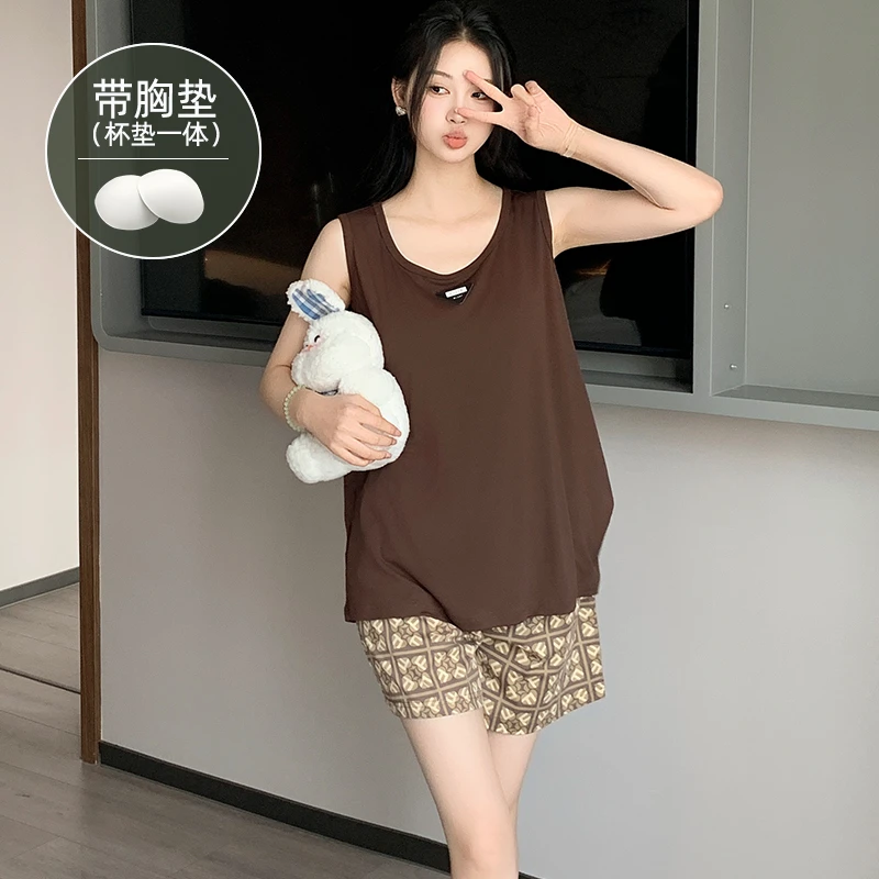 夏季薄款睡衣女带胸垫一体冰丝凉感背心短裤家居服套装休闲可外穿