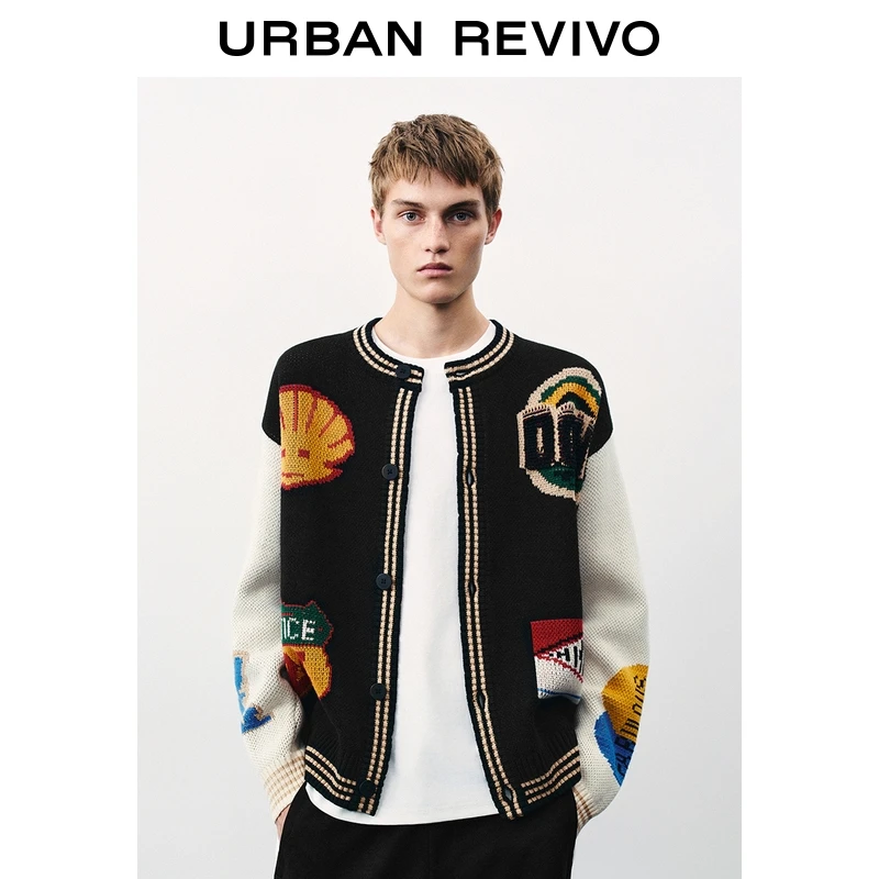UR2025秋季新款男装潮流休闲撞色拼接提花针织开衫UMV950026+