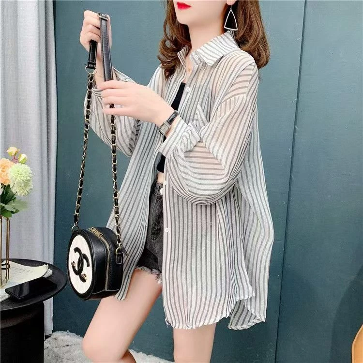 薄款条纹防晒夏季长袖百搭衬衫衬衣外套女装大码洋气设计感显瘦